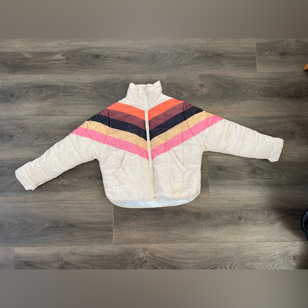 Women White Chevron Puffer Jacket with Pink & Coral Accents